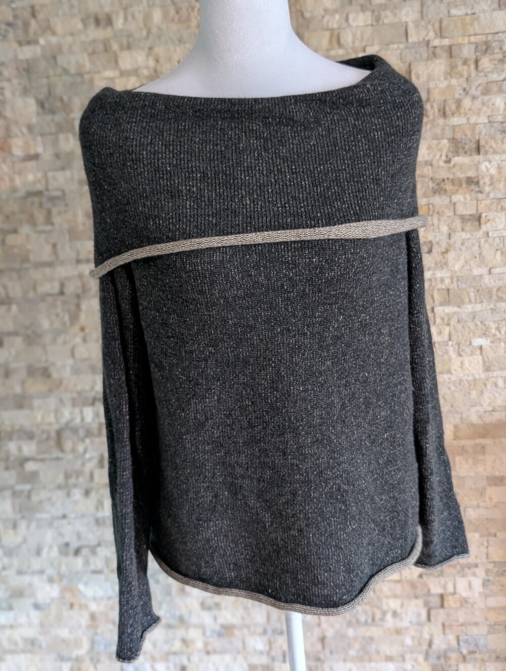 Eileen Fisher Cashmere Merino Convertible Cowl Off Shoulder Sweater S Charcoal